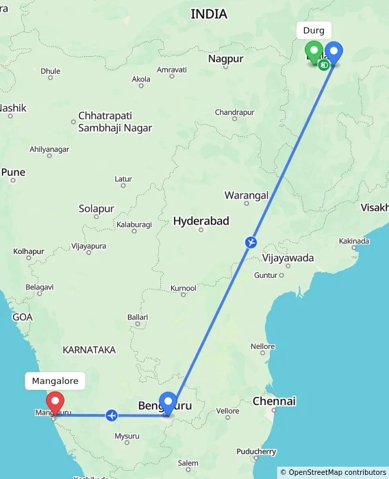 Route map showing distance and travel time from Durg, India to Mangalore, India