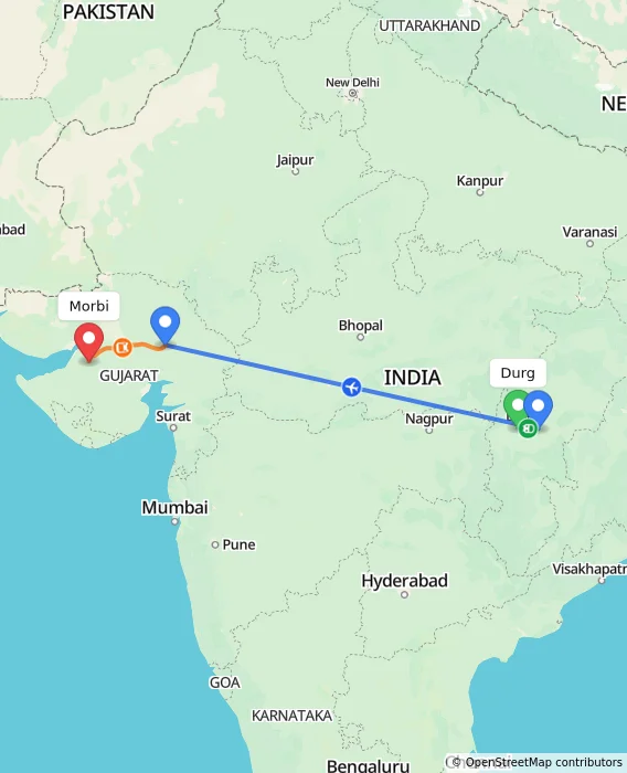 Route map showing distance and travel time from Durg, India to Morbi, India