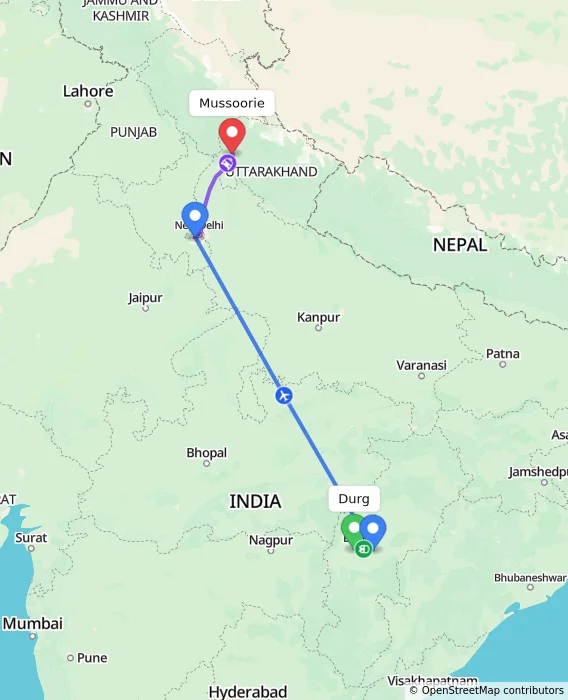 Route map showing distance and travel time from Durg, India to Mussoorie, India