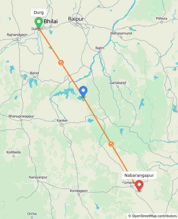 Route map showing distance and travel time from Durg, India to Nabarangapur, India