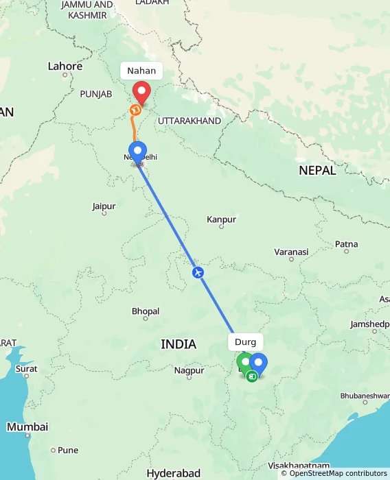 Route map showing distance and travel time from Durg, India to Nahan, India