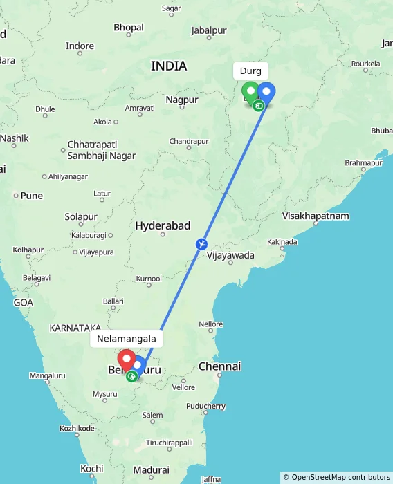 Route map showing distance and travel time from Durg, India to Nelamangala, India