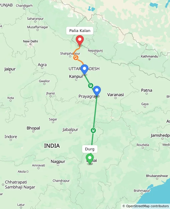 Route map showing distance and travel time from Durg, India to Palia Kalan, India
