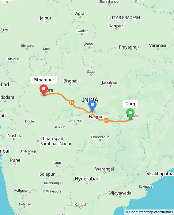 Route map showing distance and travel time from Durg, India to Pithampur, India