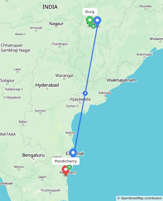 Route map showing distance and travel time from Durg, India to Puducherry, India