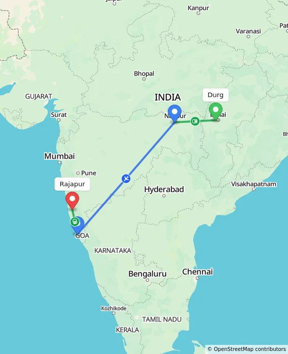 Route map showing distance and travel time from Durg, India to Rajapur, India