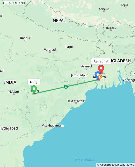 Route map showing distance and travel time from Durg, India to Ranaghat, India