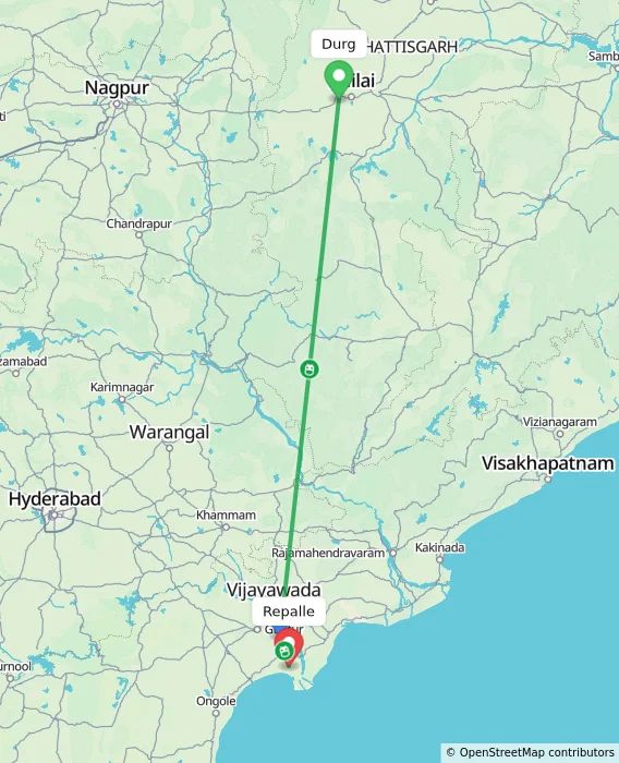 Route map showing distance and travel time from Durg, India to Repalle, India