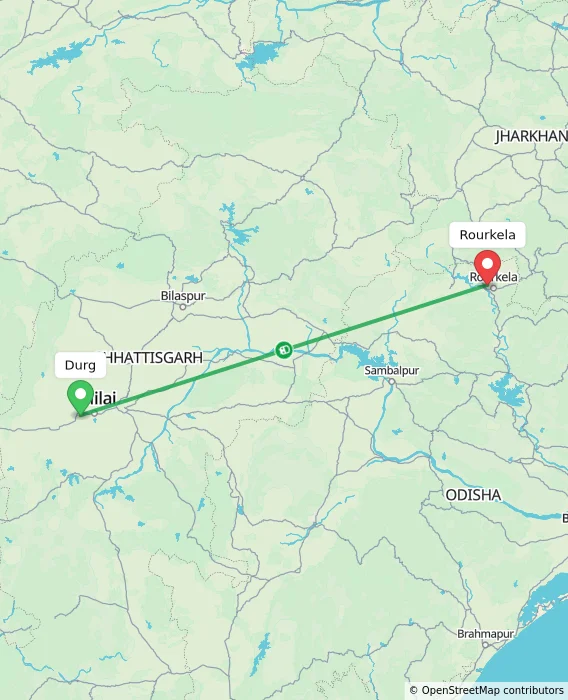 Route map showing distance and travel time from Durg, India to Rourkela, India