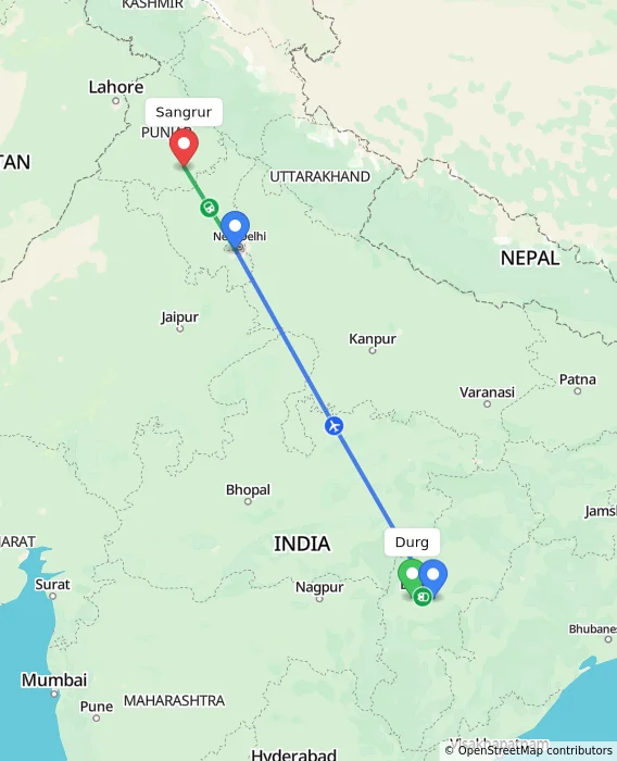 Route map showing distance and travel time from Durg, India to Sangrur, India