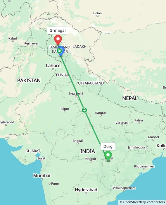 Route map showing distance and travel time from Durg, India to Srinagar, India