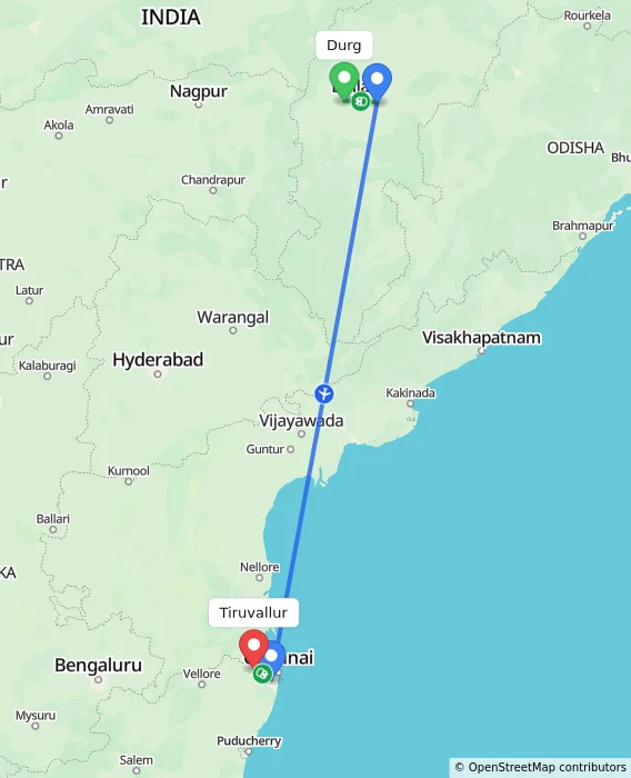 Route map showing distance and travel time from Durg, India to Tiruvallur, India