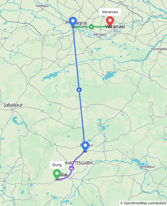 Route map showing distance and travel time from Durg, India to Varanasi, India