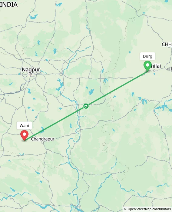 Route map showing distance and travel time from Durg, India to Wani, India
