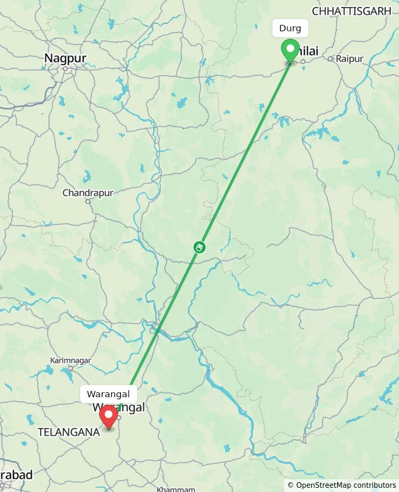 Route map showing distance and travel time from Durg, India to Warangal, India