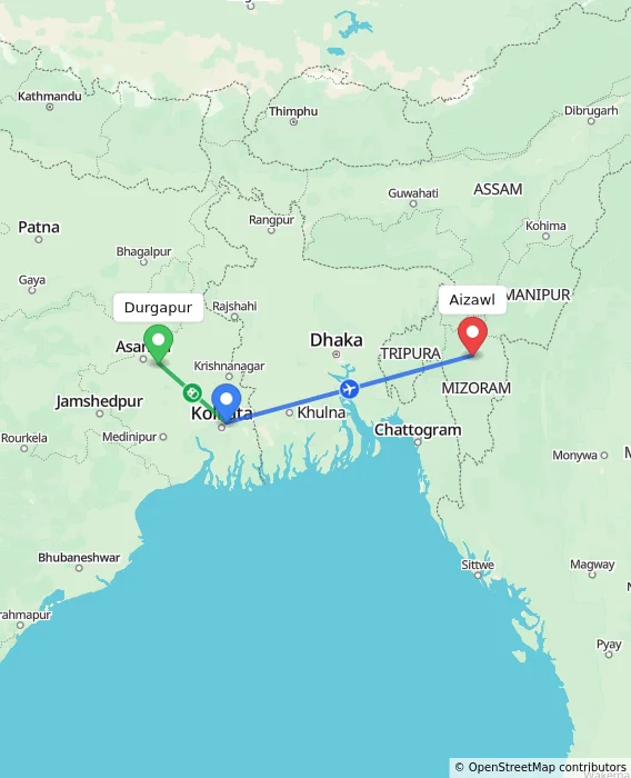 Route map showing distance and travel time from Durgapur, India to Aizawl, India