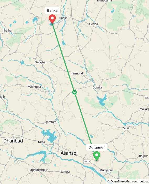 Route map showing distance and travel time from Durgapur, India to Banka, India