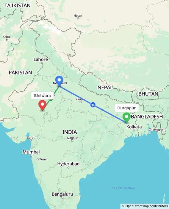 Route map showing distance and travel time from Durgapur, India to Bhilwara, India