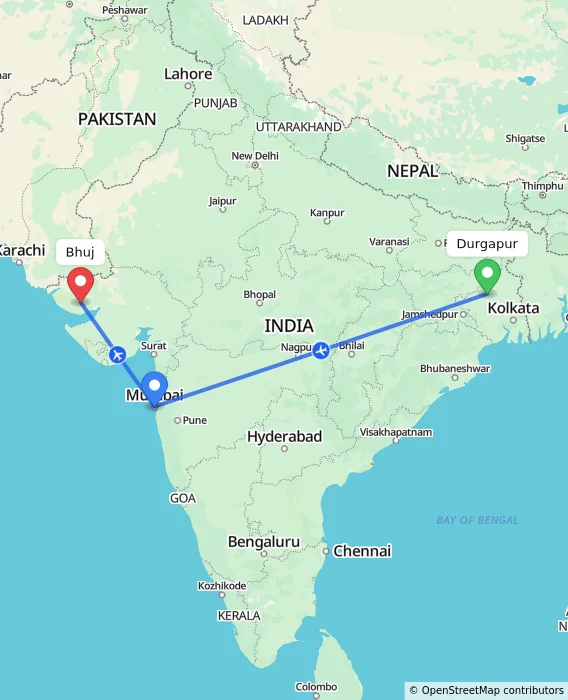 Route map showing distance and travel time from Durgapur, India to Bhuj, India