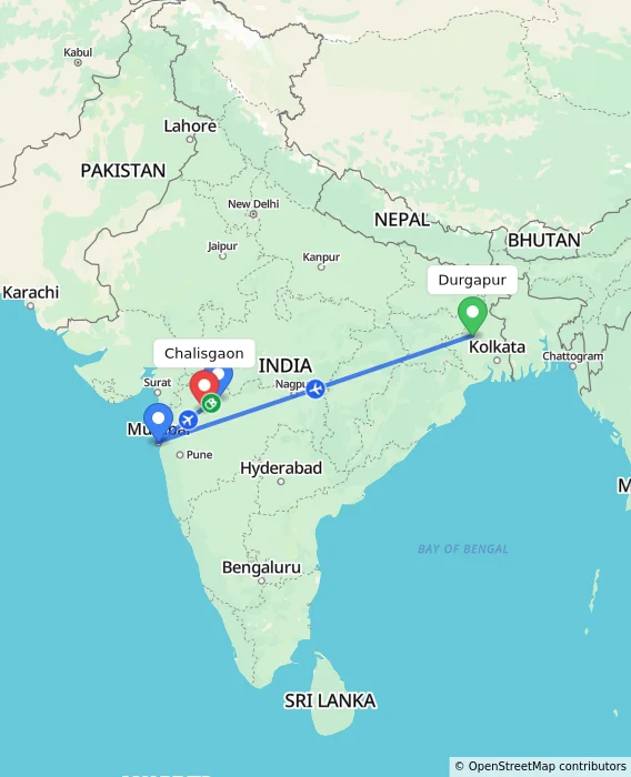 Route map showing distance and travel time from Durgapur, India to Chalisgaon, India