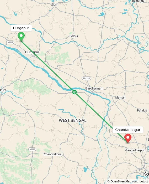 Route map showing distance and travel time from Durgapur, India to Chandannagar, India
