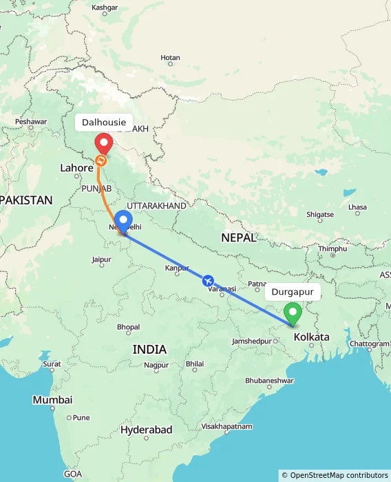 Route map showing distance and travel time from Durgapur, India to Dalhousie, India