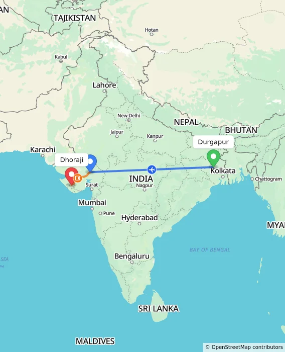 Route map showing distance and travel time from Durgapur, India to Dhoraji, India