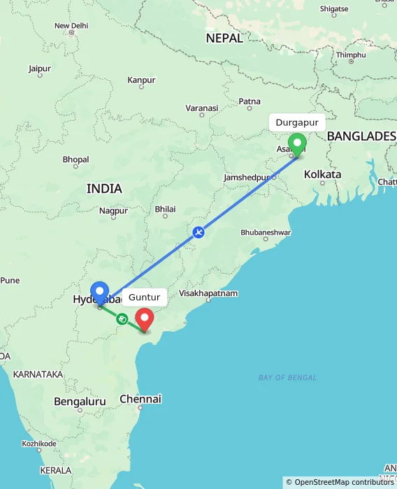 Route map showing distance and travel time from Durgapur, India to Guntur, India