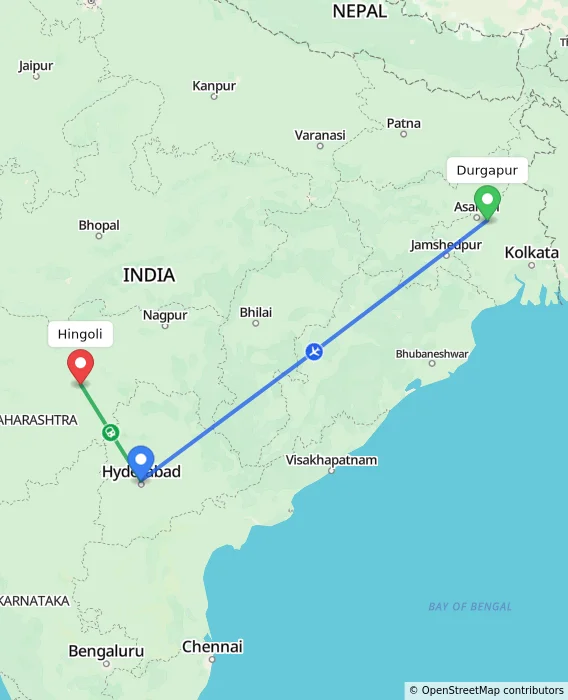 Route map showing distance and travel time from Durgapur, India to Hingoli, India