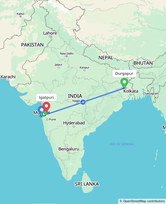Route map showing distance and travel time from Durgapur, India to Igatpuri, India
