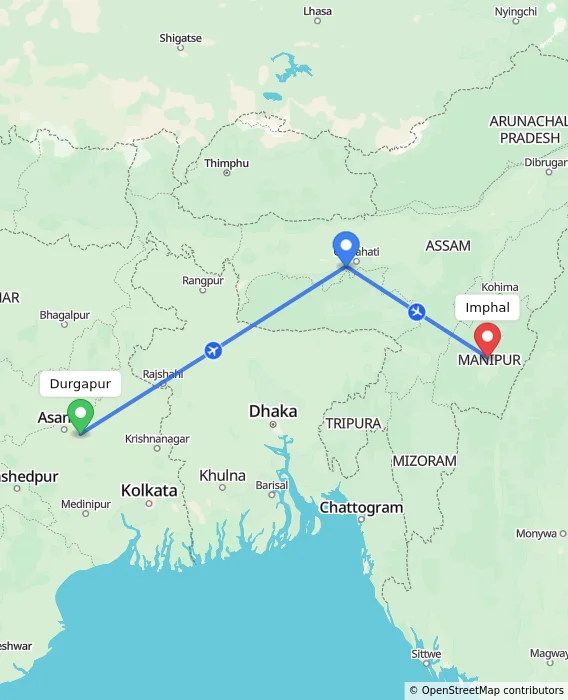 Route map showing distance and travel time from Durgapur, India to Imphal, India