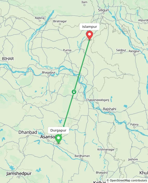 Route map showing distance and travel time from Durgapur, India to Islampur, India