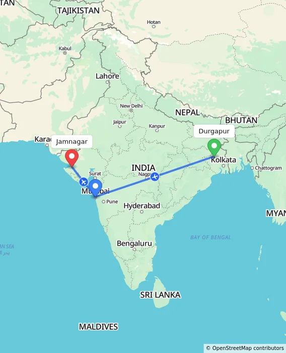 Route map showing distance and travel time from Durgapur, India to Jamnagar, India