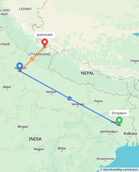 Route map showing distance and travel time from Durgapur, India to Joshimath, India