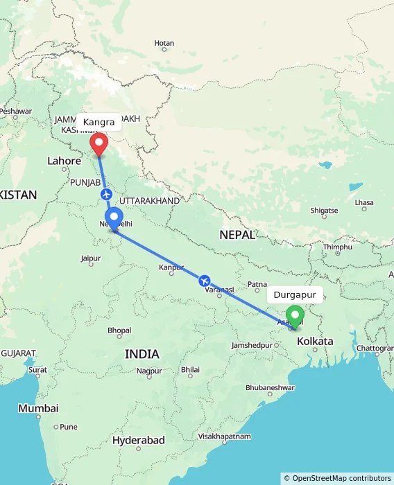 Route map showing distance and travel time from Durgapur, India to Kangra, India