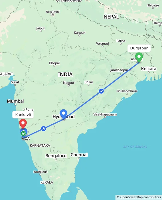 Route map showing distance and travel time from Durgapur, India to Kankavli, India