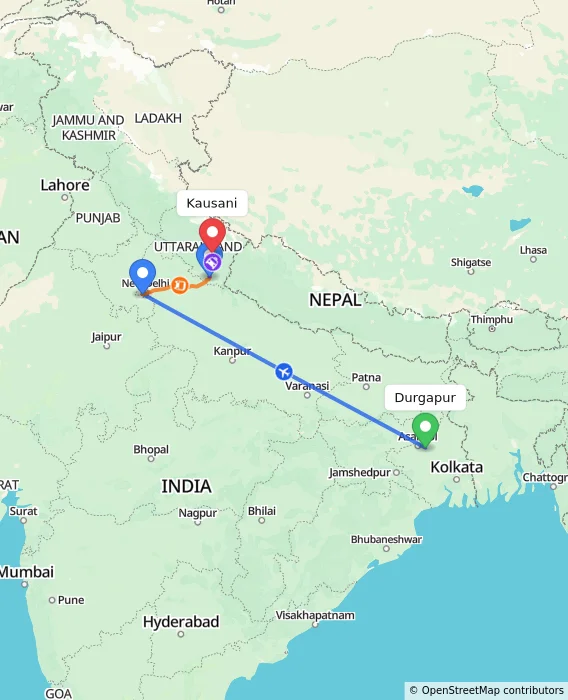Route map showing distance and travel time from Durgapur, India to Kausani, India