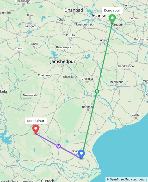 Route map showing distance and travel time from Durgapur, India to Kendujhar, India