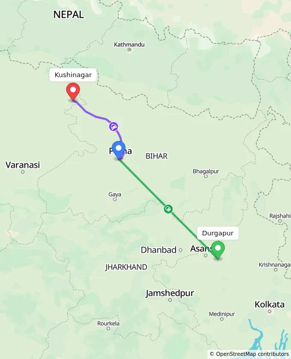 Route map showing distance and travel time from Durgapur, India to Kushinagar, India