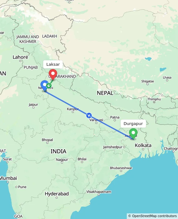 Route map showing distance and travel time from Durgapur, India to Laksar, India