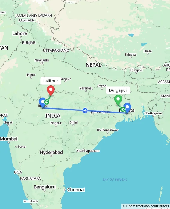 Route map showing distance and travel time from Durgapur, India to Lalitpur, India