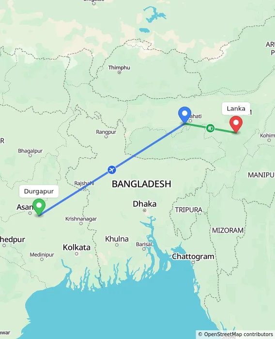 Route map showing distance and travel time from Durgapur, India to Lanka, India