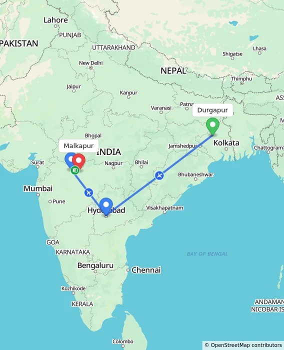 Route map showing distance and travel time from Durgapur, India to Malkapur, India