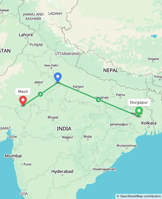 Route map showing distance and travel time from Durgapur, India to Mavli, India