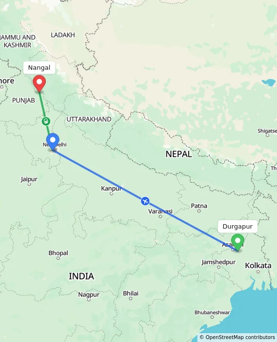 Route map showing distance and travel time from Durgapur, India to Nangal, India