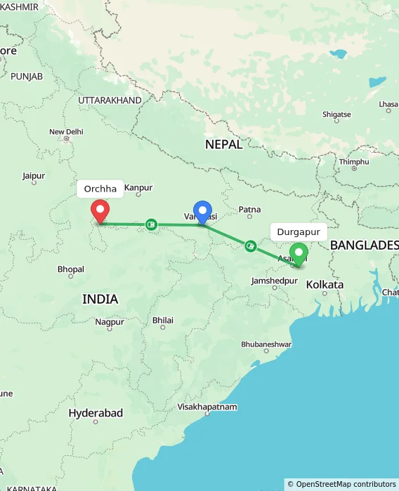 Route map showing distance and travel time from Durgapur, India to Orchha, India