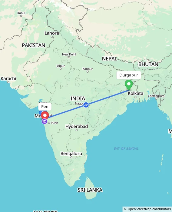 Route map showing distance and travel time from Durgapur, India to Pen, India