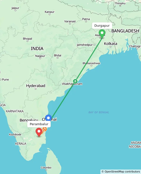 Route map showing distance and travel time from Durgapur, India to Perambalur, India