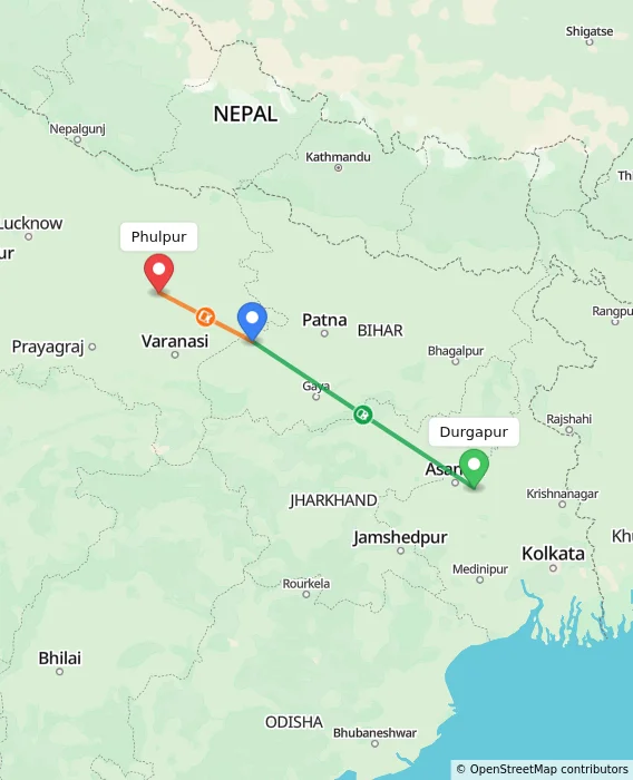 Route map showing distance and travel time from Durgapur, India to Phulpur, India