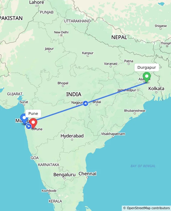 Route map showing distance and travel time from Durgapur, India to Pune, India